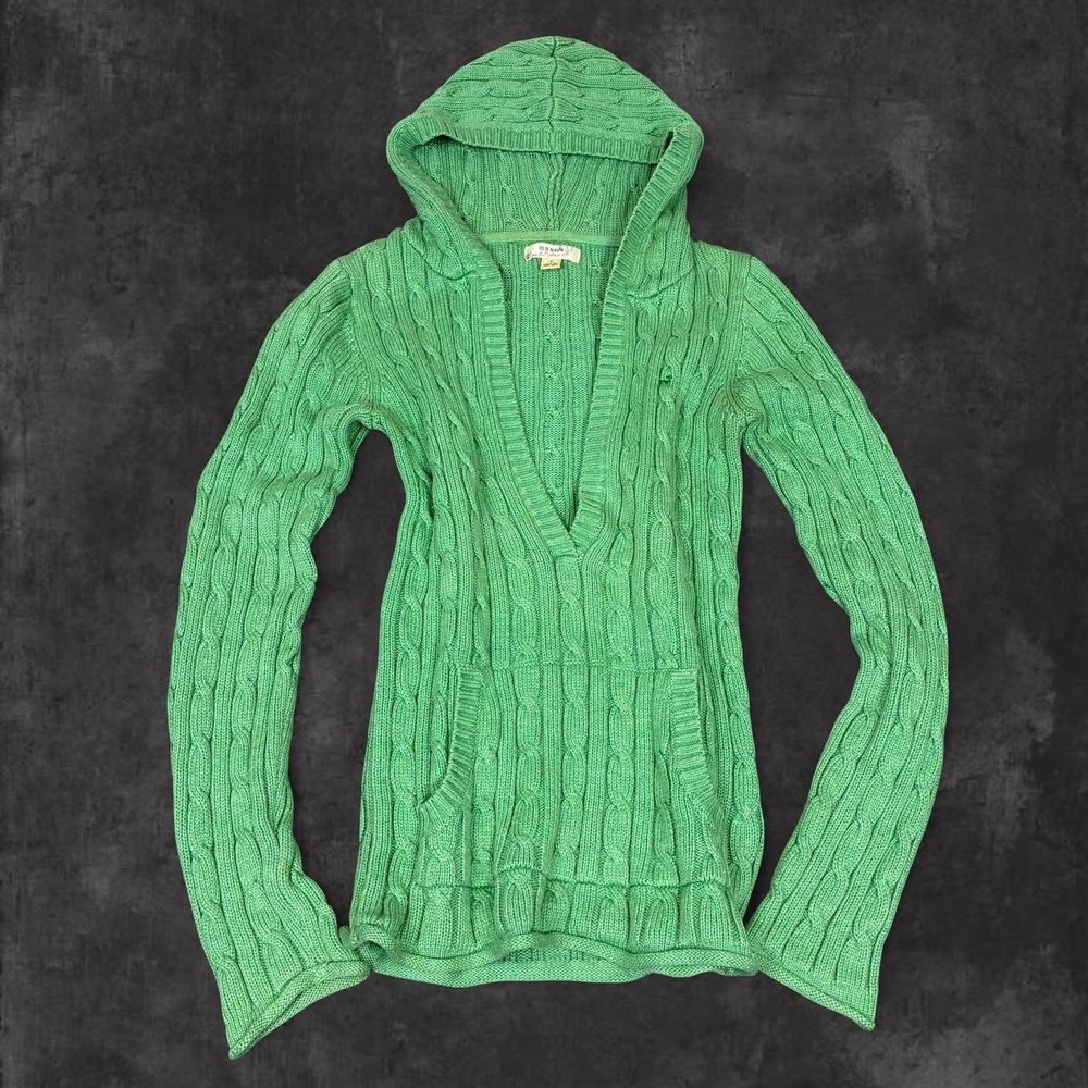 Y2K Old Navy Green Cable Knit V Neck Hooded Sweater Women's Size Small Baby Doll